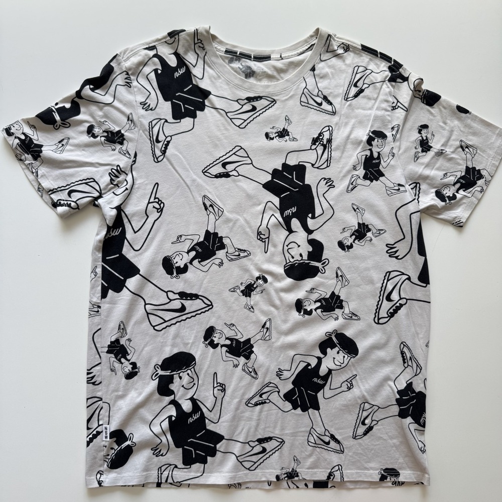 NIKE Sportswear Crew T-Shirt All Over Cartoon Print XL Athletic Cut White